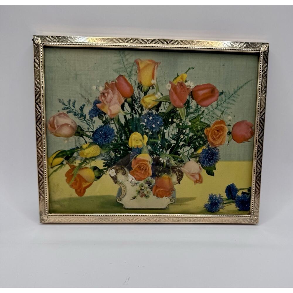 Vintage Floral Still Life Framed Print Roses Cottage Decor Gold Frame